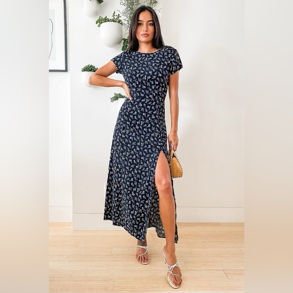 Lulus New Desires Navy Blue Floral Backless Maxi Dress